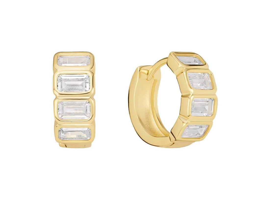 Gold Huggie Hoops with Baguette CZs