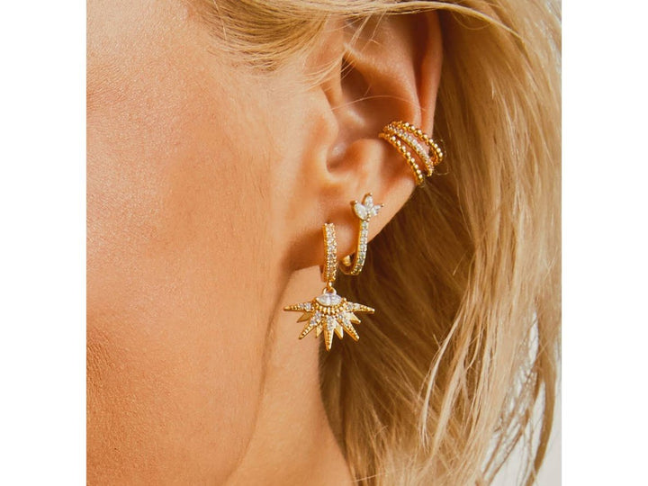 Gold Huggie Hoops with Sunrise Drop Charms