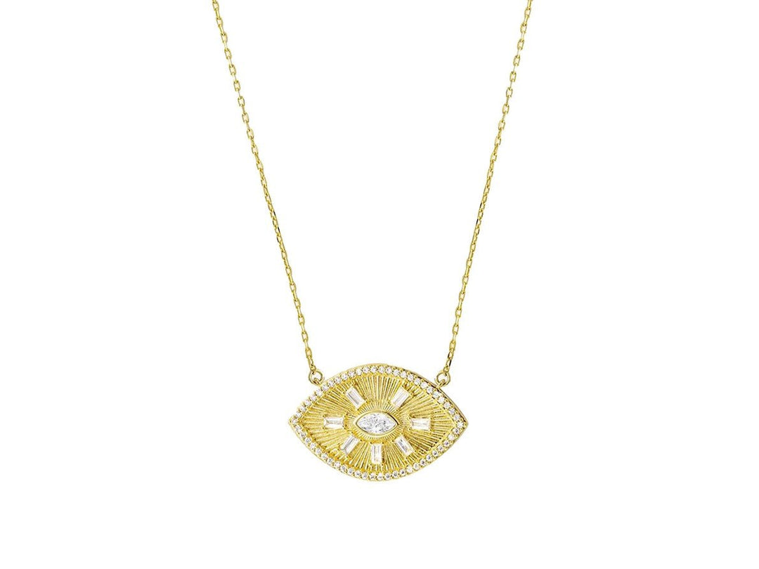 Gold Rayed Evil Eye Necklace with CZs