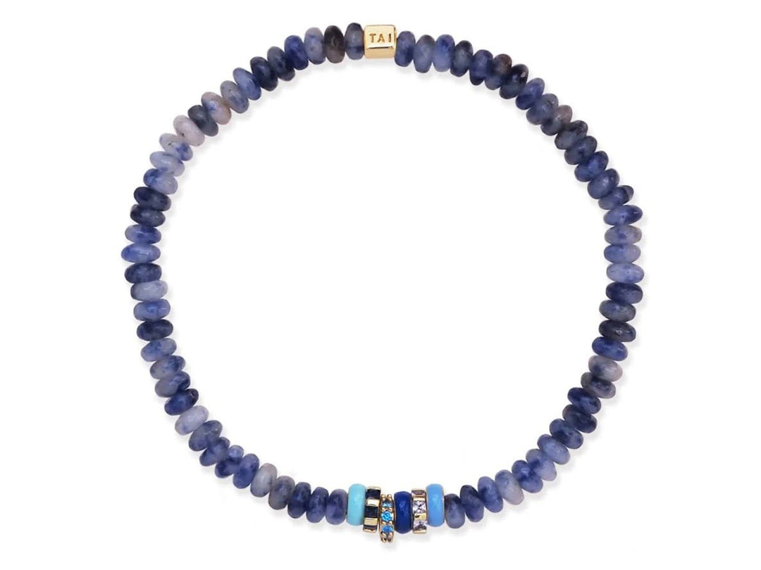 Blue Sodalite Bead Bracelet with Enamel and CZ Roundels