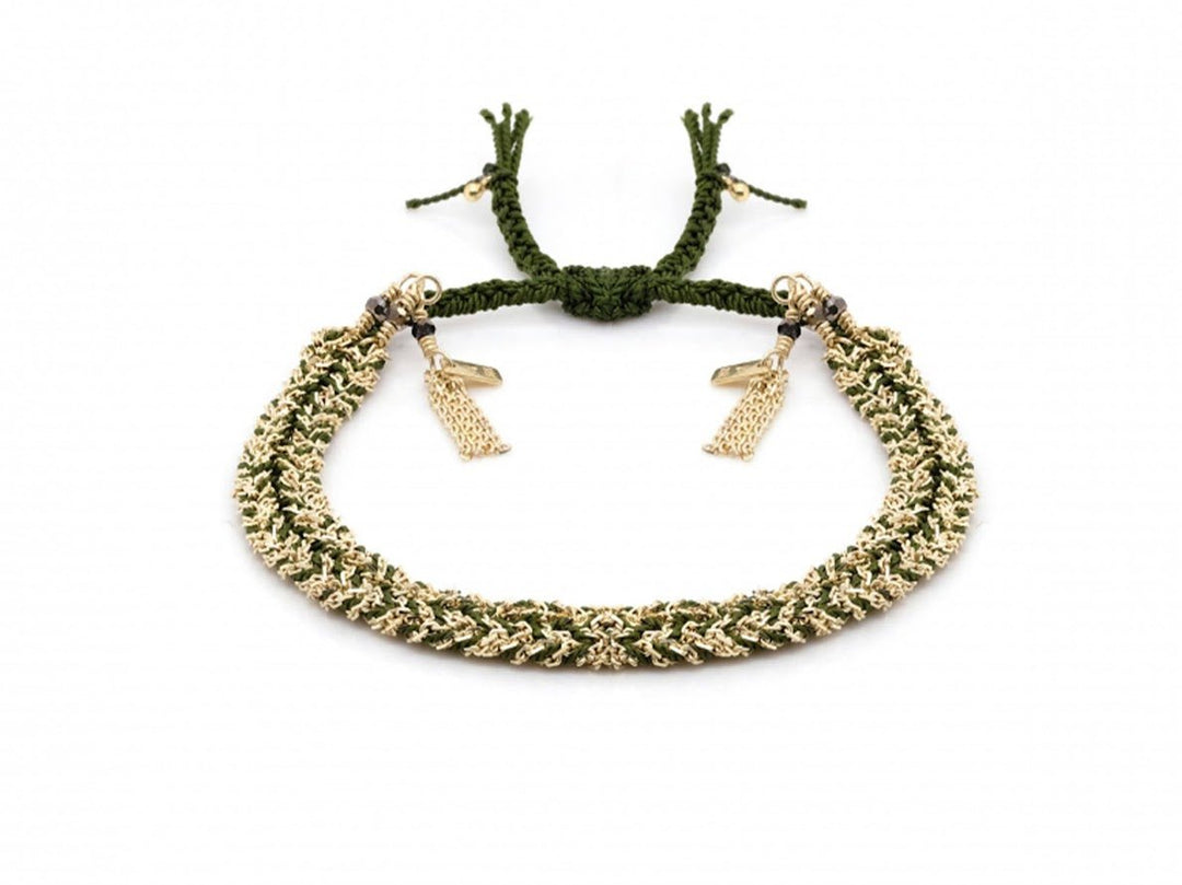 Gold Woven Chain on Braided Green Silk Bracelet
