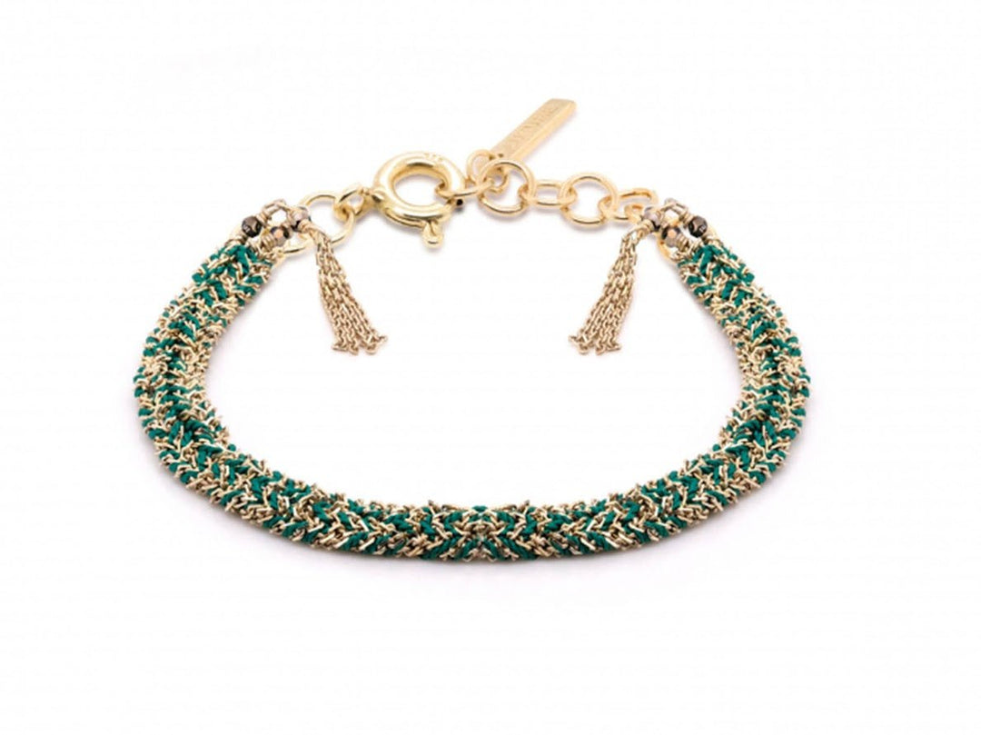 Gold Woven Chain on Braided Green Silk Bracelet
