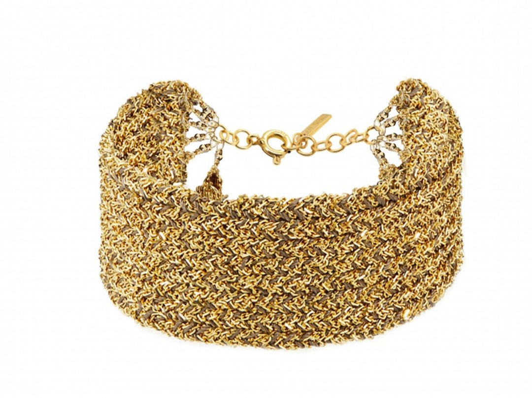 Wide Gold Woven Chain on Braided Gray Silk Bracelet