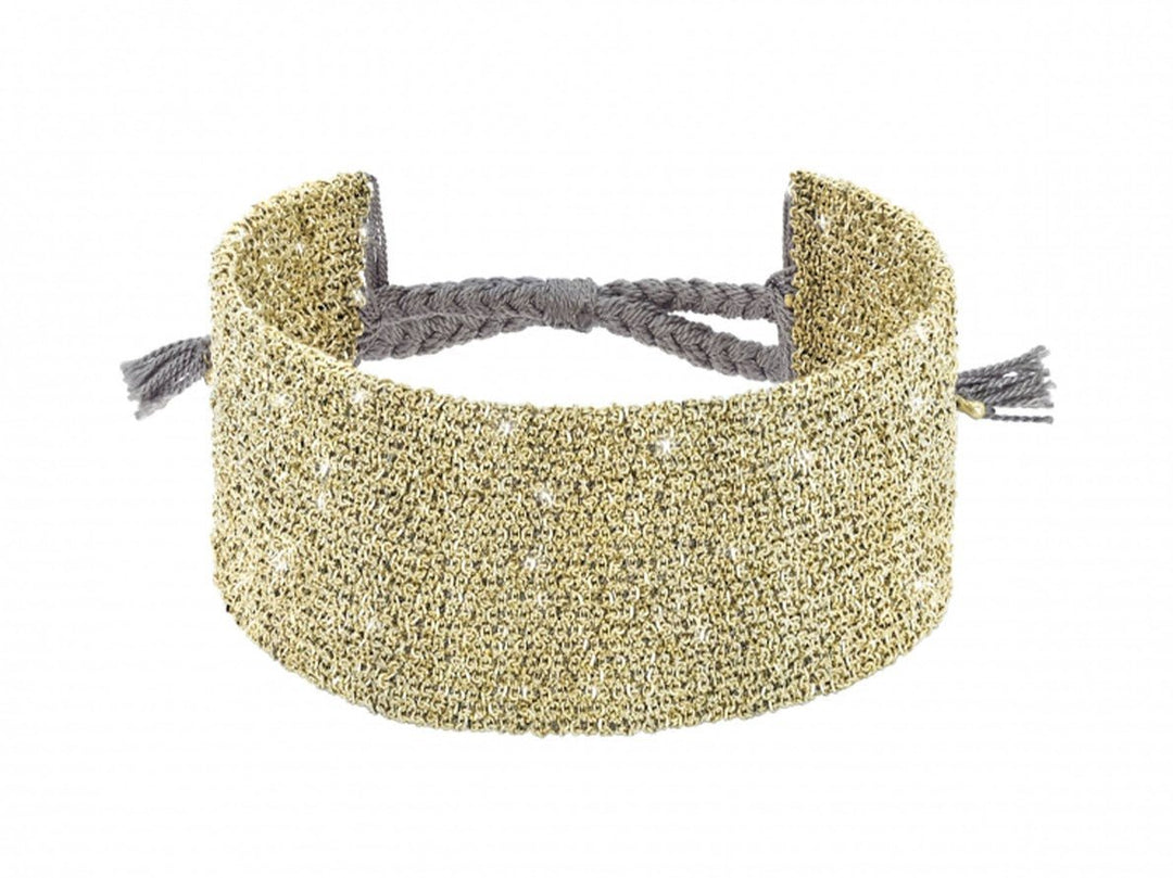 Wide Gold Woven Chain Bracelet on Gray Silk