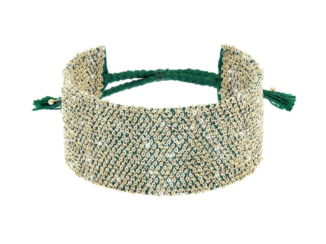Wide Gold Woven Chain on Green Silk Bracelet