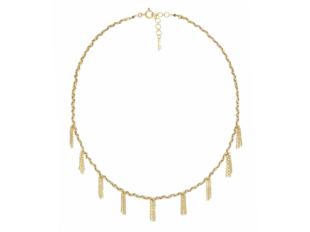 Gold Chain and Beige Silk Bracelet with Fringe
