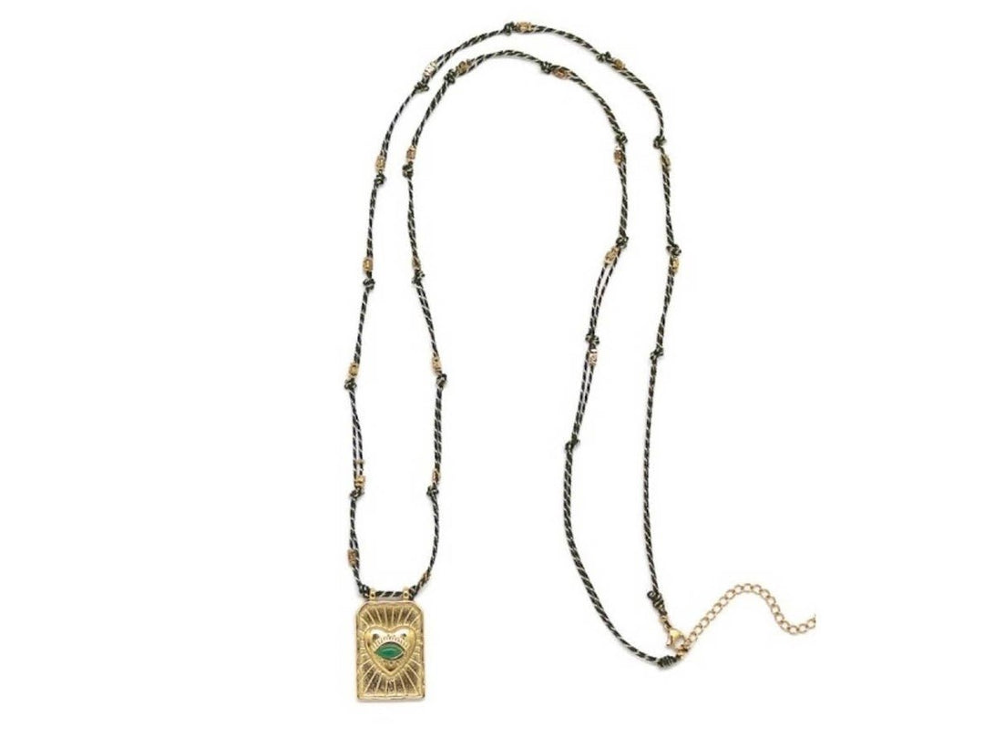 Green Cord Necklace with Rayed Heart Charm