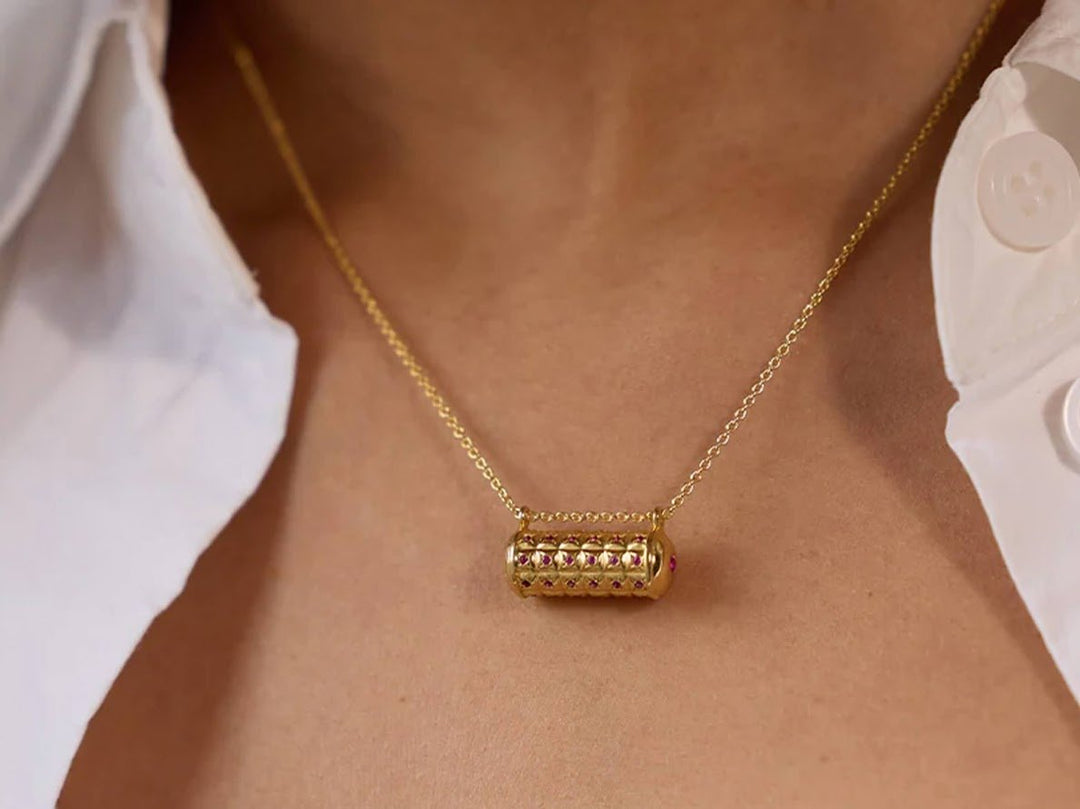 Column Pendant Necklace with Ruby CZs