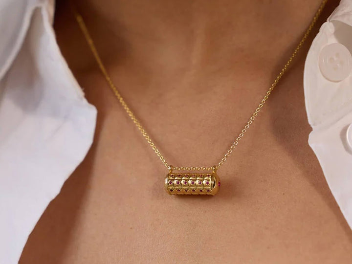 Column Pendant Necklace with Ruby CZs