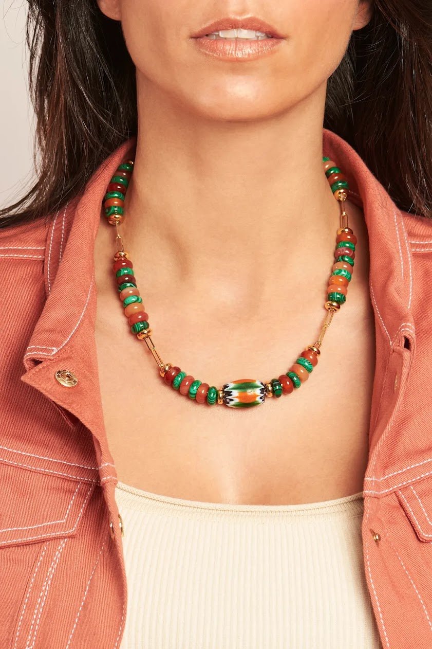Multicolor Agate and Multicolor Fluted Bead Necklace.