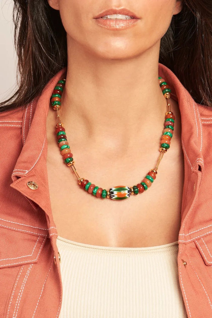 Multicolor Agate and Multicolor Fluted Bead Necklace.