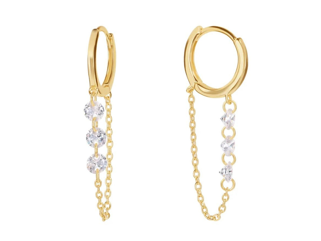 Gold Huggie Hoops with Floating CZ Chains