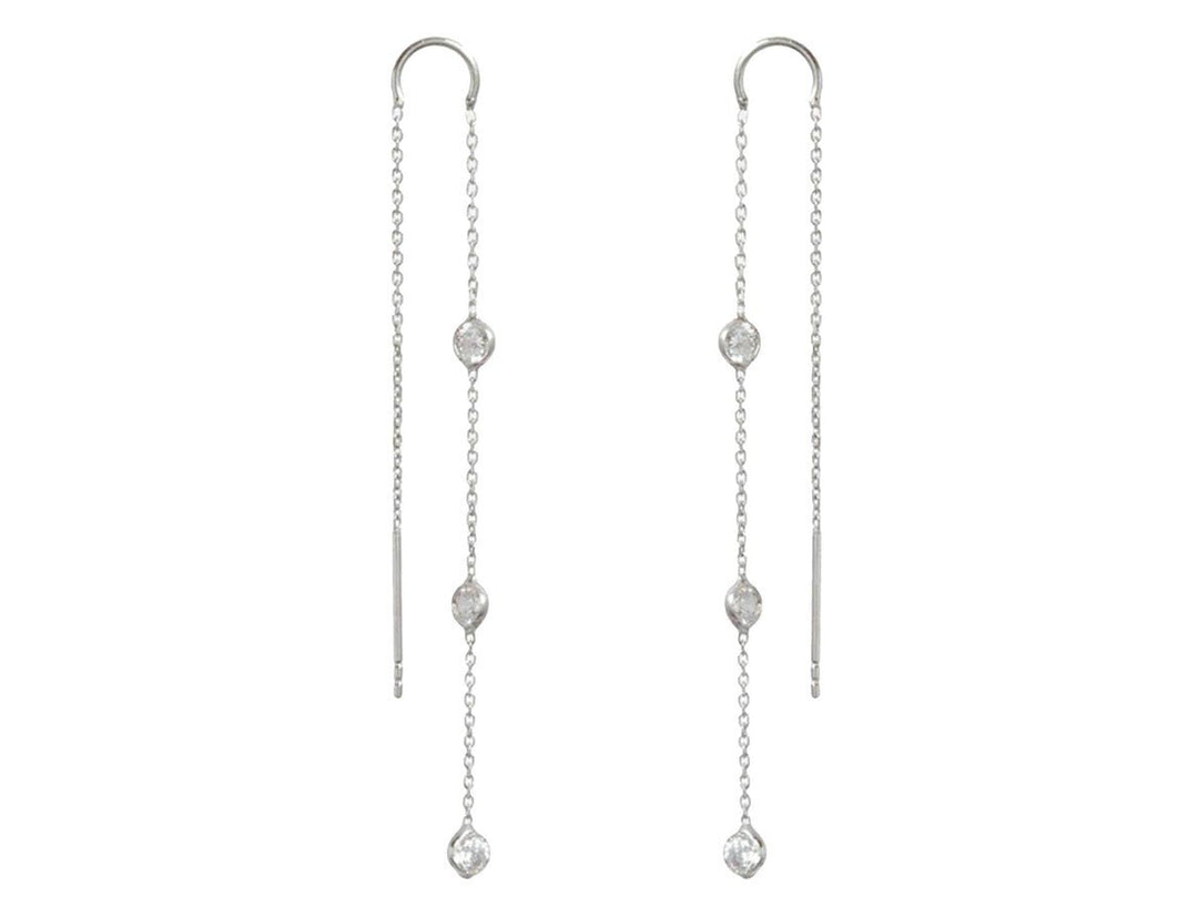 Silver Triple Bezel CZ Threader Earrings