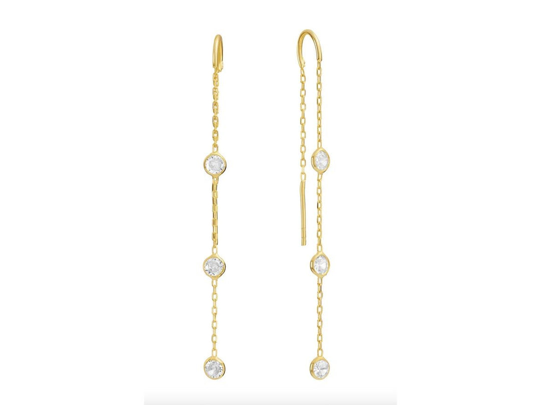 Gold Triple Bezel Threader Earrings with CZs