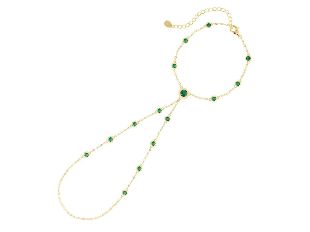 Gold Hand Chain Bracelet with Green CZs