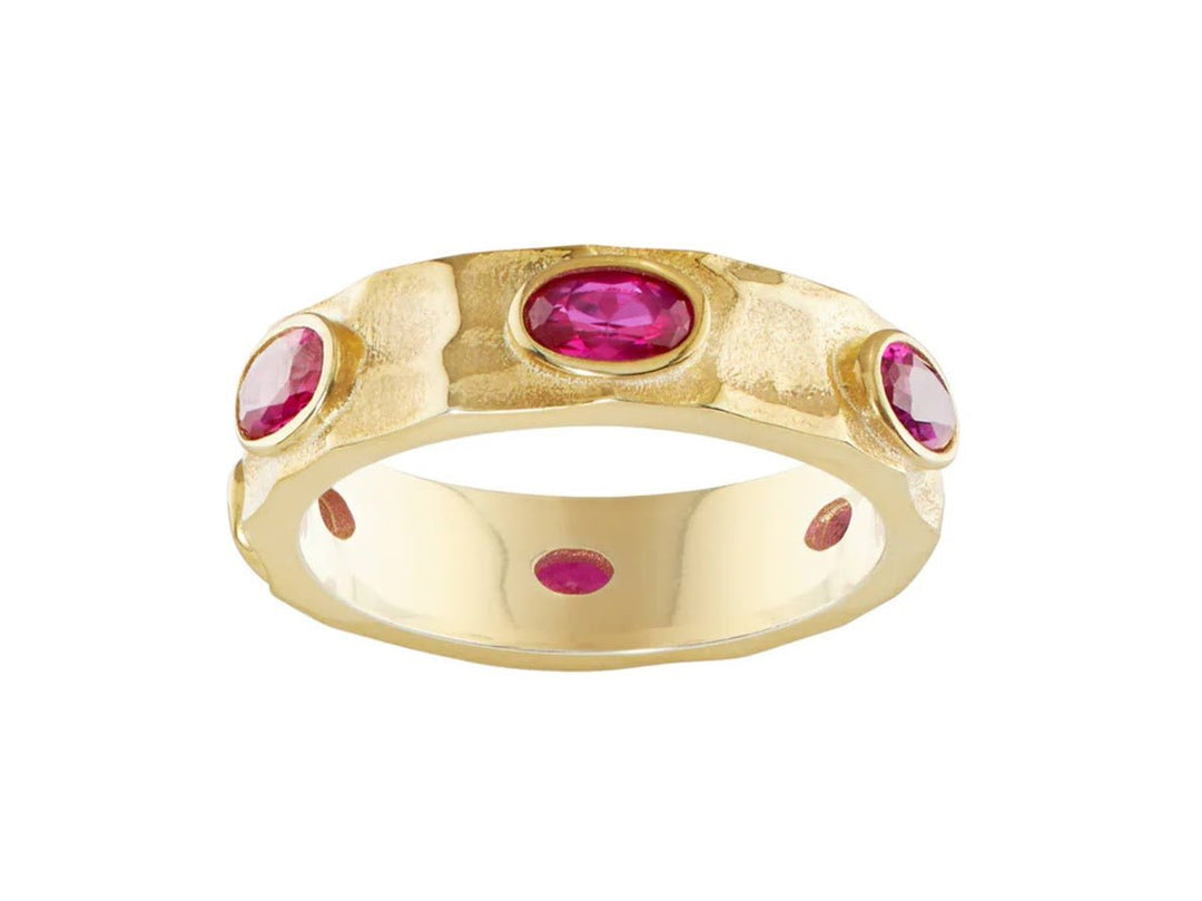 Gold Textured Band with Red CZs