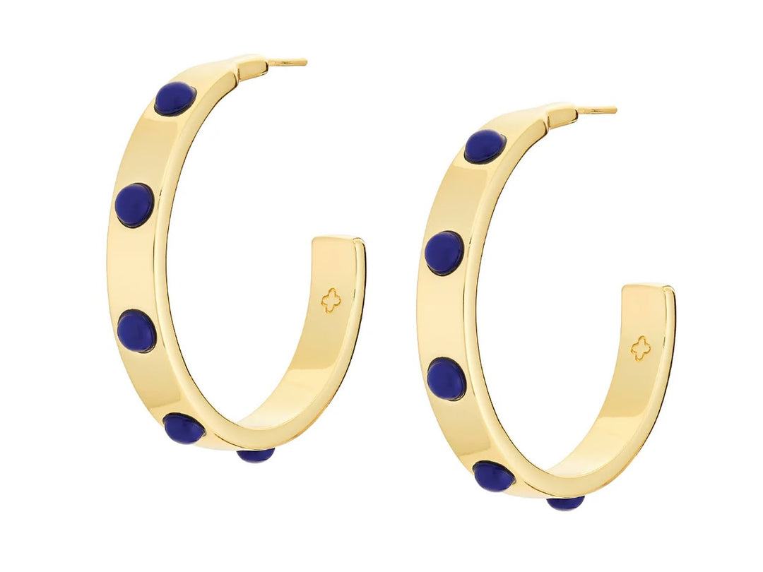 Gold Hoops with Lapis Cabochons