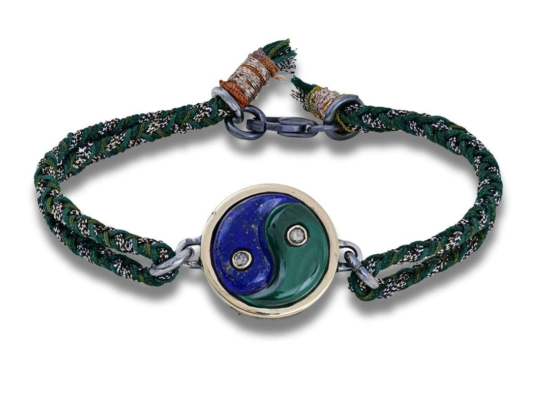 10k/SS Lapis and Malachite Yin Yang Bracelet with Diamonds on Silk