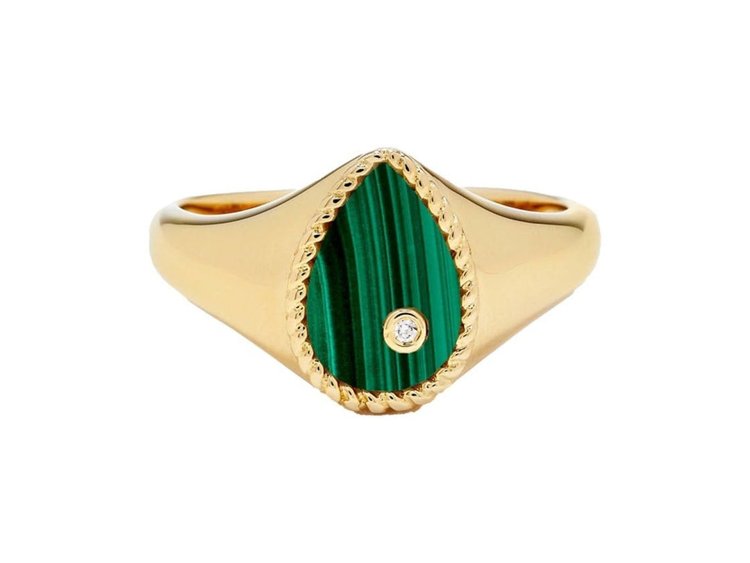 9k Malachite Teardrop Signet Ring with Diamond