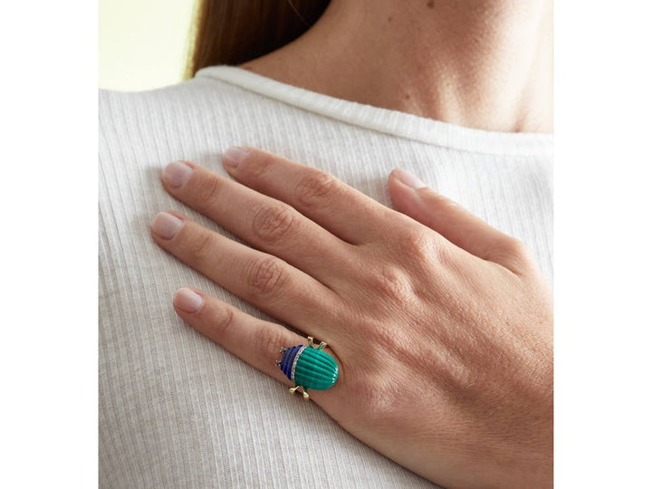 9k Malachite and Lapis Scarab Ring