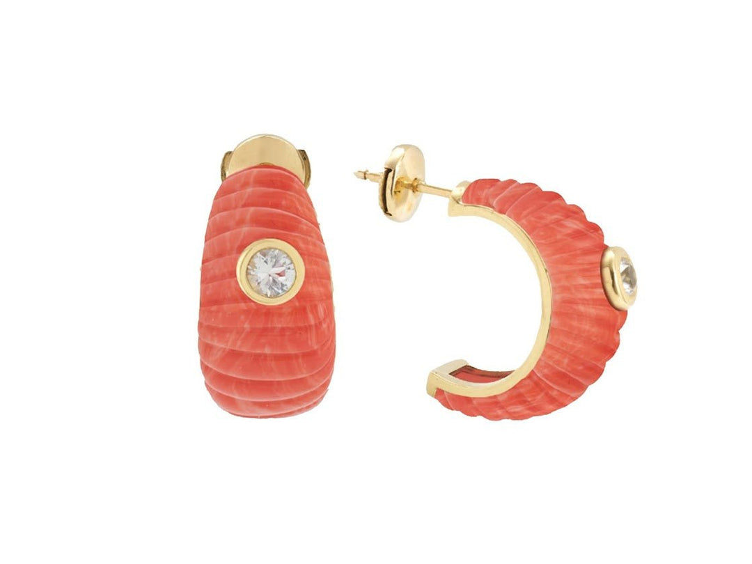 9k Ridged Coral Earrings with White Topaz