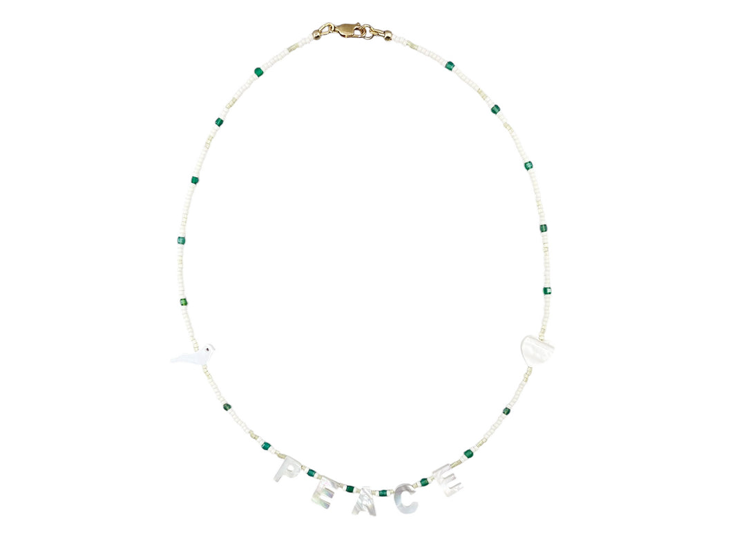 MOP and Aventurine Bead Necklace with MOP Heart, Bird, and PEACE