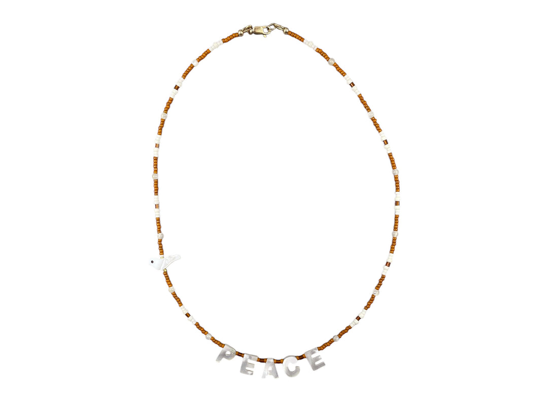 Brown Glass and MOP Bead Necklace with MOP PEACE and Dove Charm