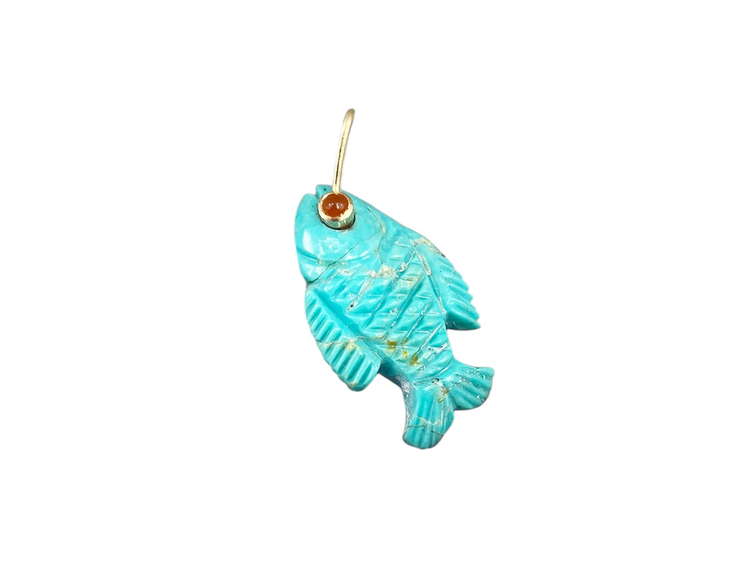 14k Handcrafted Turquoise Fish Charm with Carnelian Eye and Fins