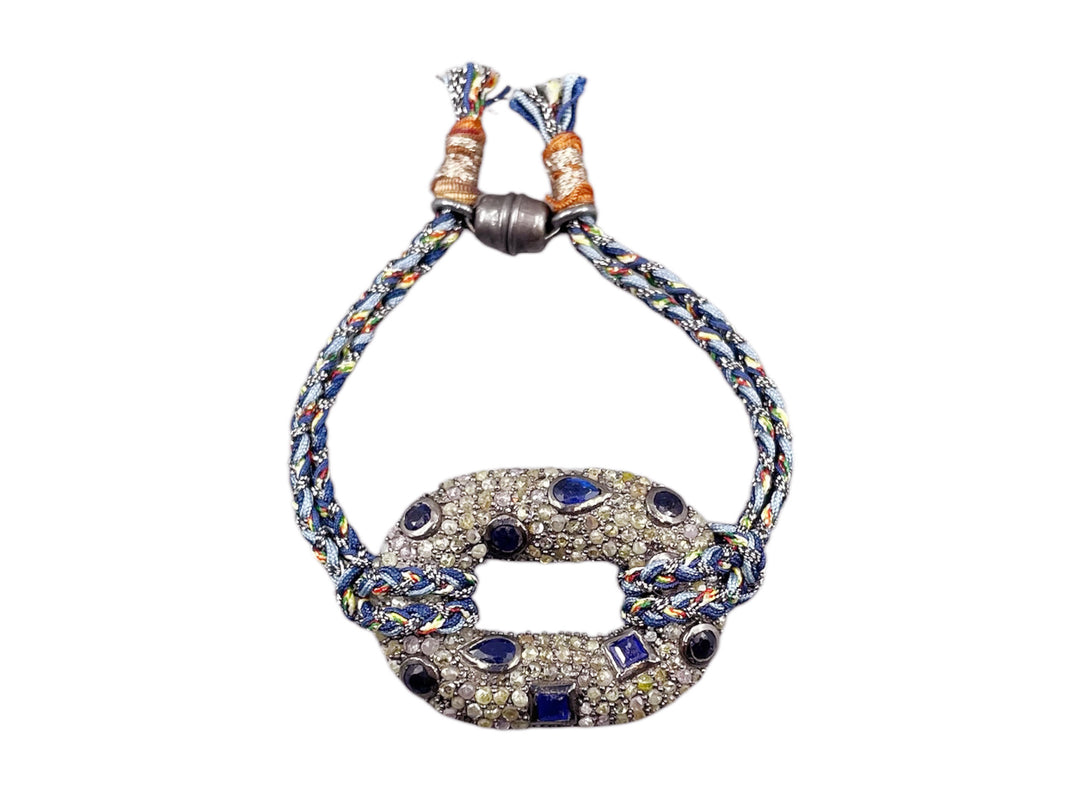 SS and Woven Silk Bracelet with Sapphire and Diamond Link