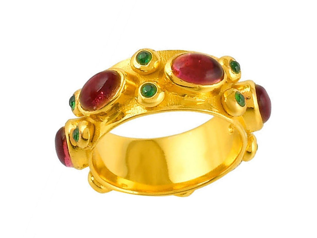 Gold Multi-Stone Band with Red and Green Stones