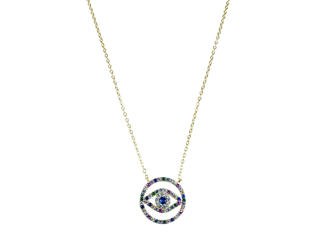 Open Rainbow Evil Eye Disc Necklace Middlemarch