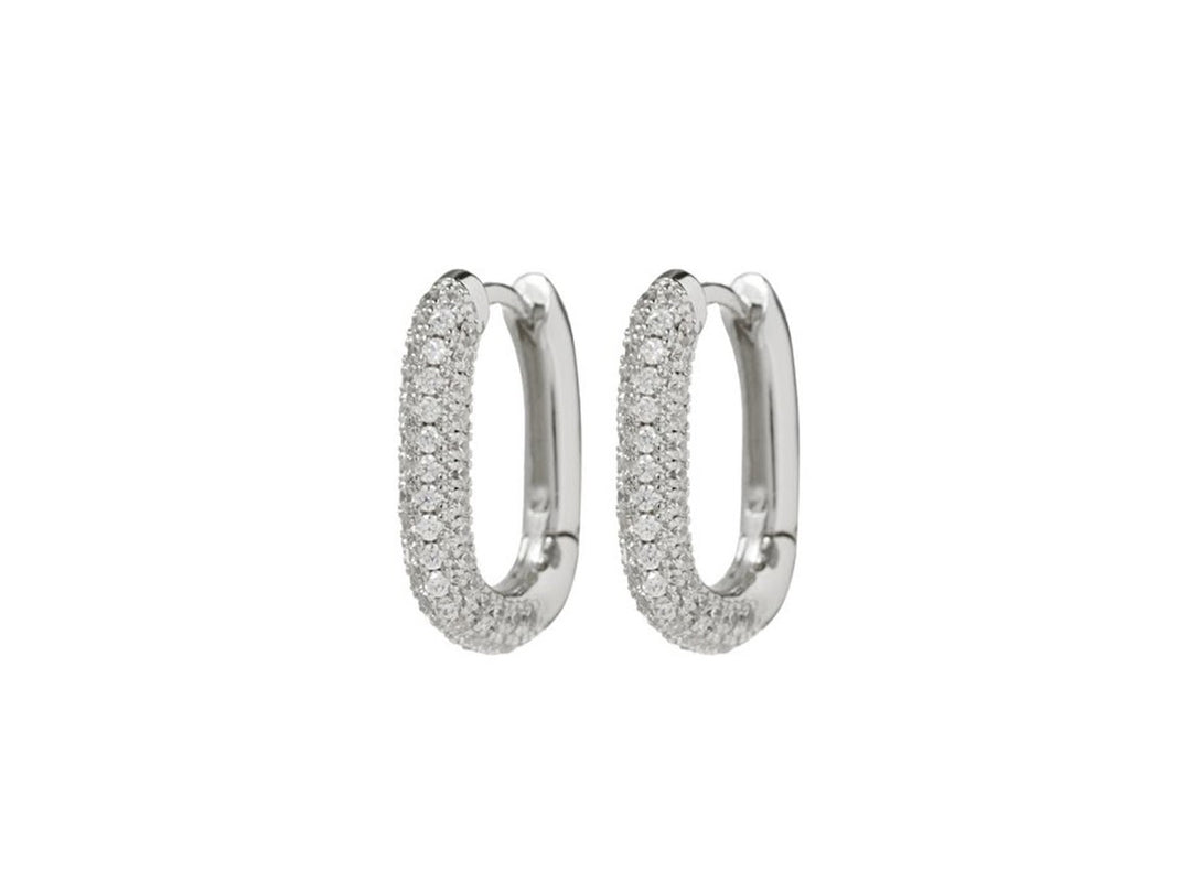 Silver and Pave CZ Oval Huggie Hoops