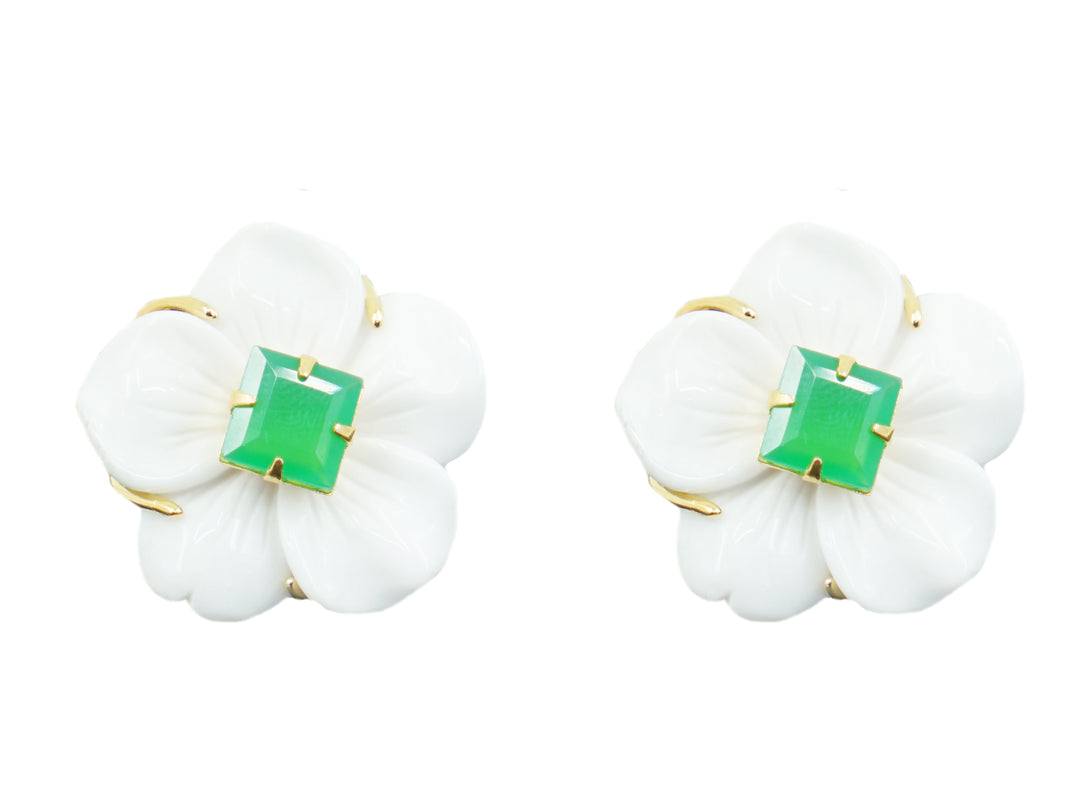 White Agate and Chrysoprase Flower Earrings