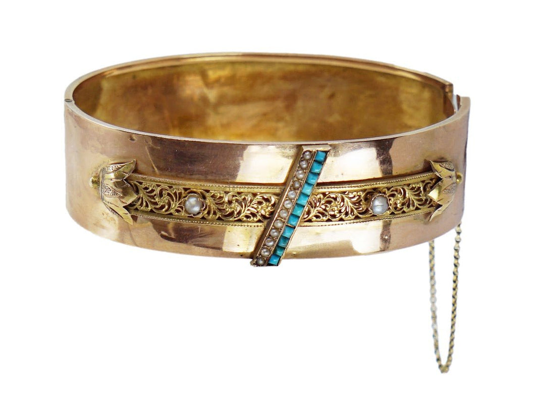 18k Victorian Seed Pearl and Turquoise Cuff