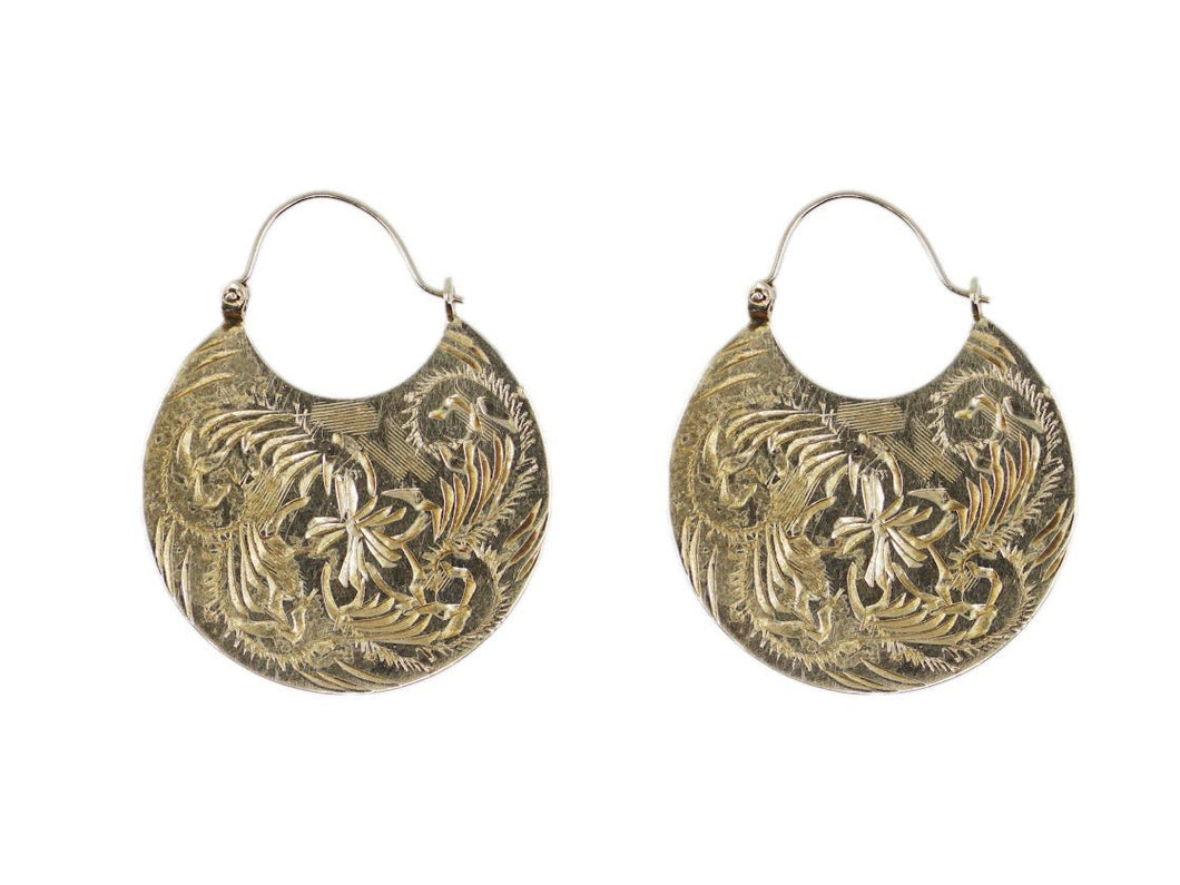 1960s 14k Yellow Gold Floral Etched Hoops