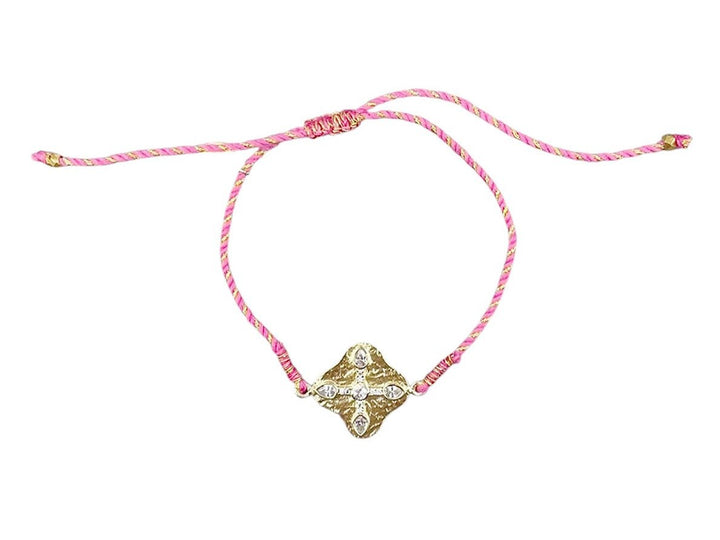 Pink Cord Bracelet with Gold and Zircon Shield