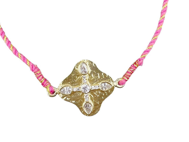 Pink Cord Bracelet with Gold and Zircon Shield