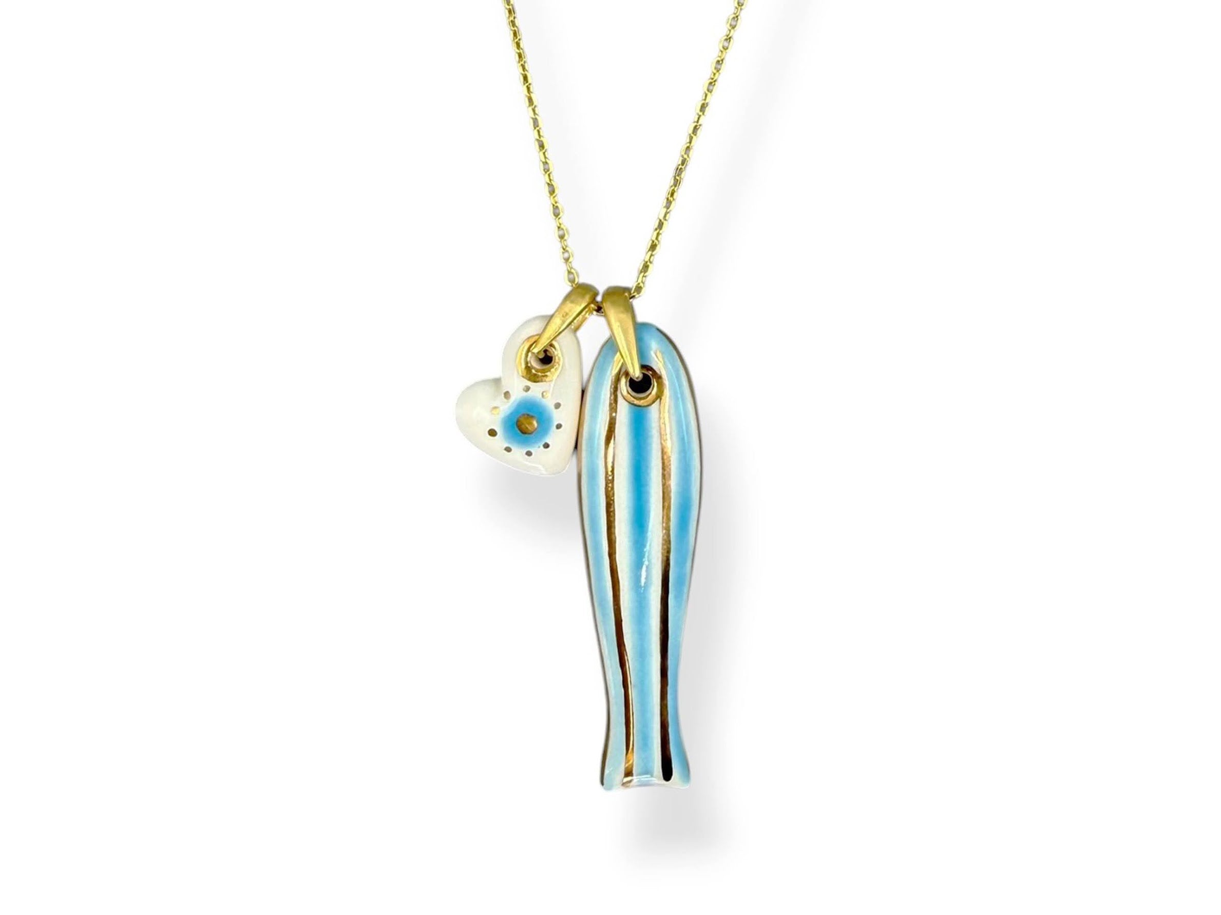 Porcelain Striped Sardine Charm with Heart Charm