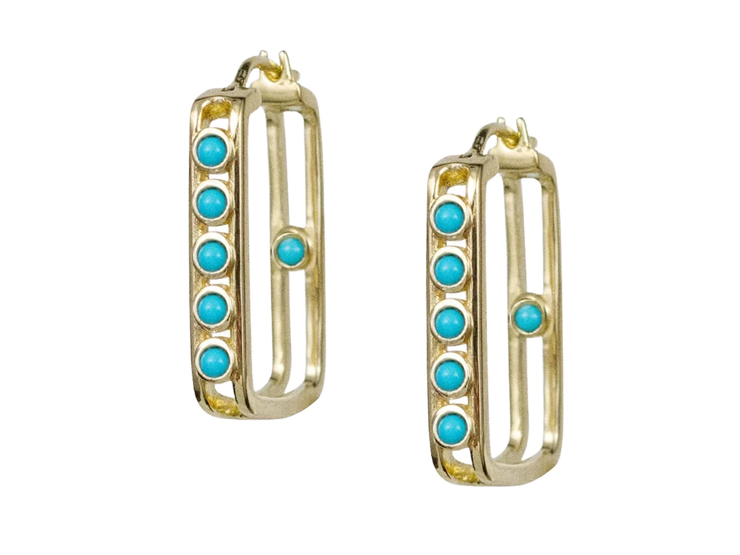 Gold and Turquoise Elongated Hoop Earrings
