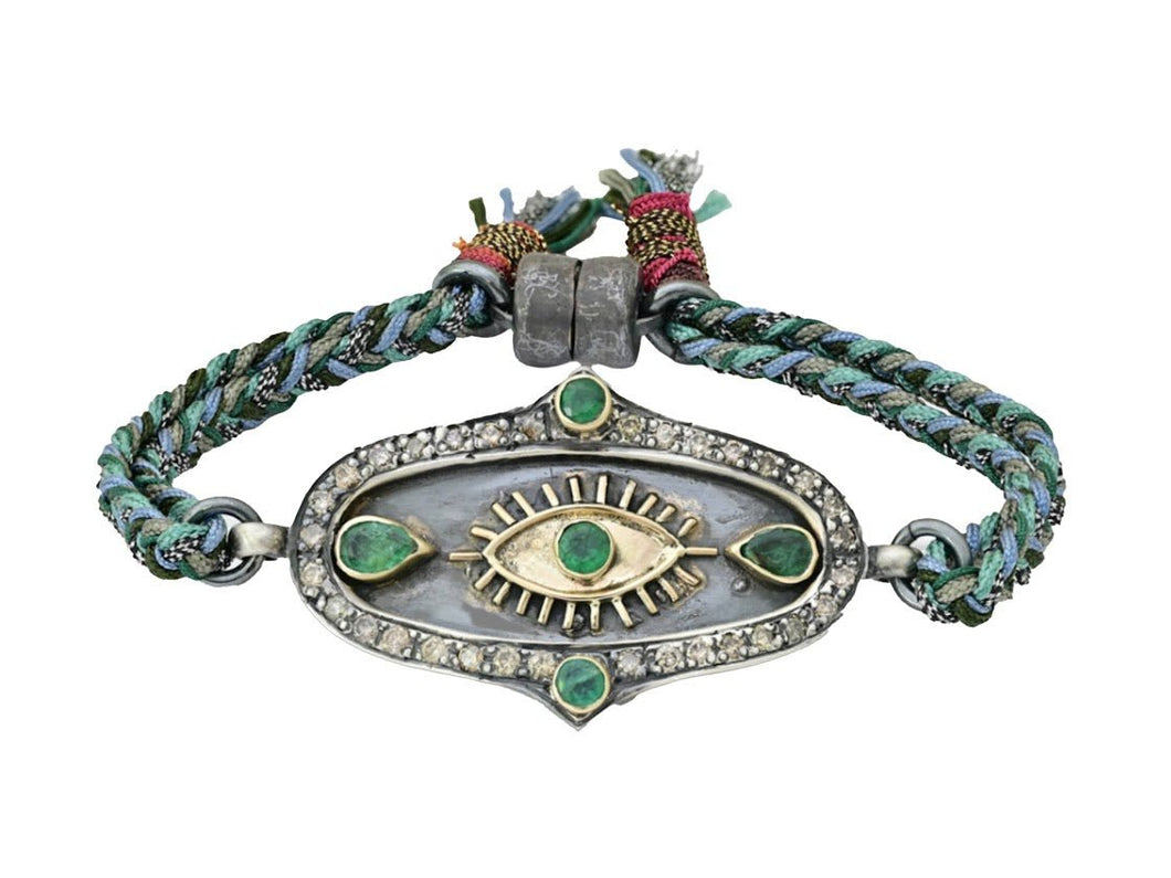 10k/SS Shield with Evil Eye and Green Emeralds Bracelet
