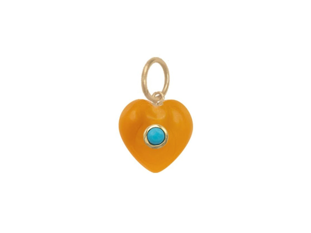 14k Orange Onyx Heart Charm with Bezel Set Turquoise