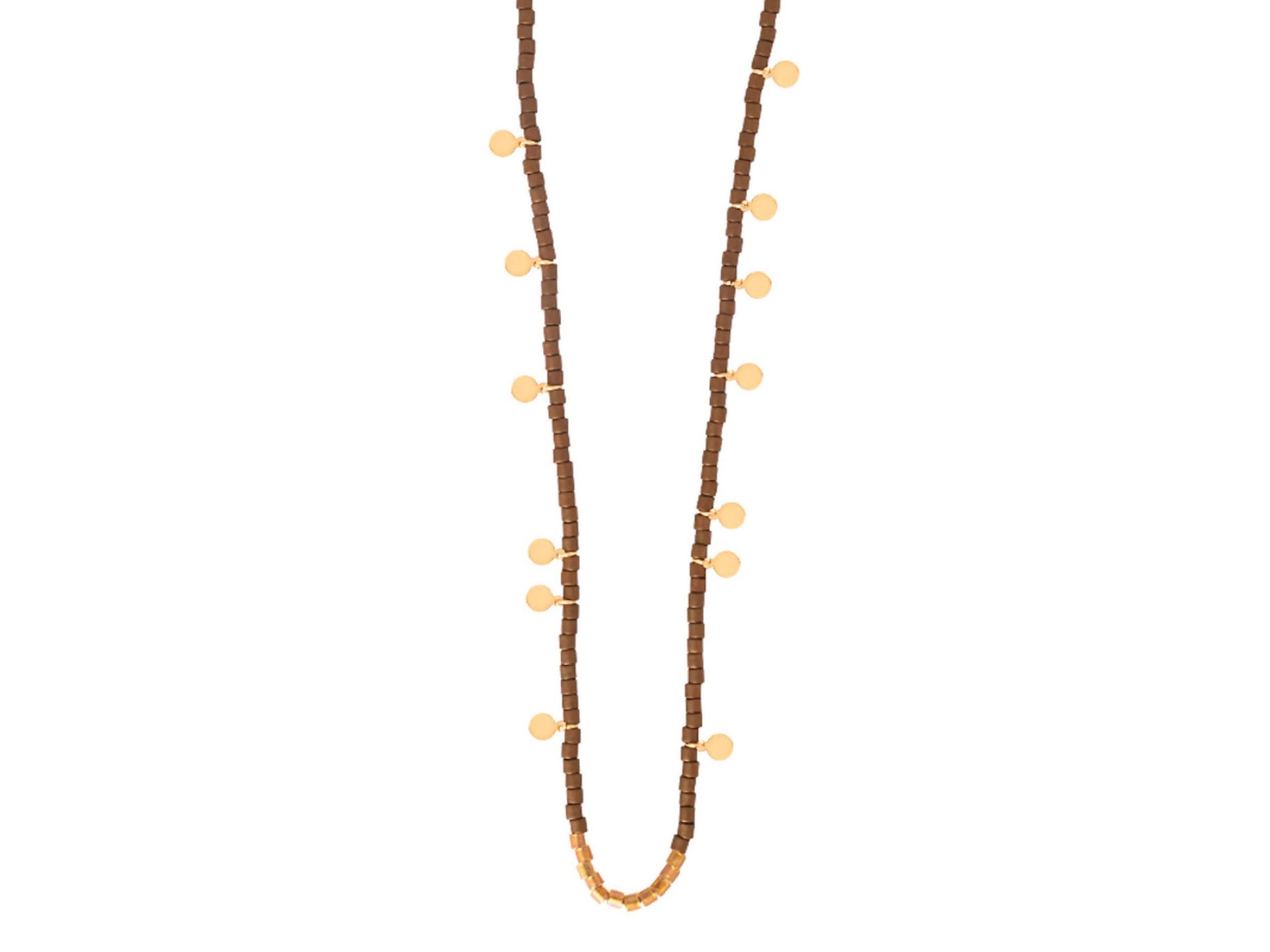 Brown Bead Necklace with Gold Discs
