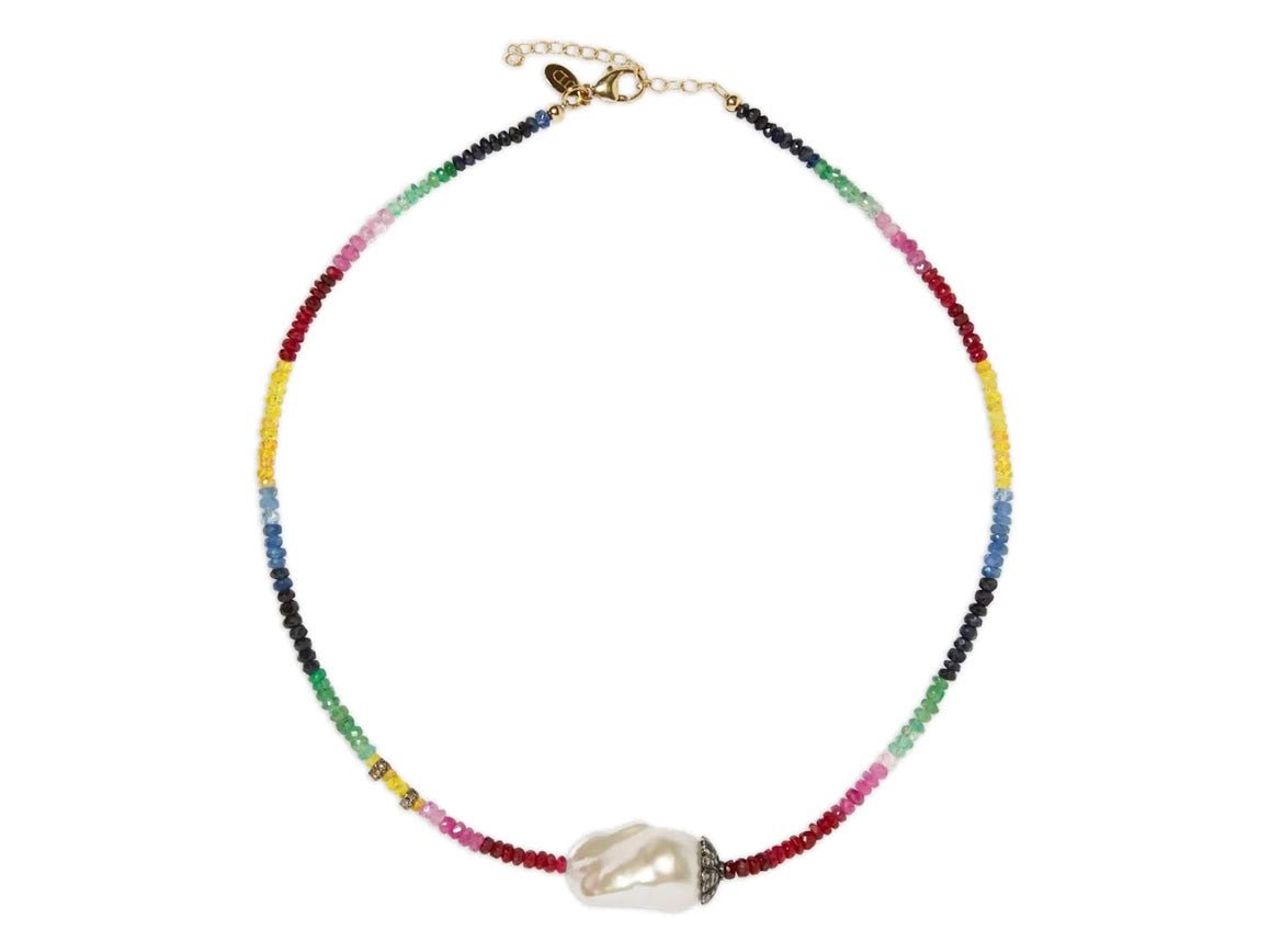 14k/SS Ruby, Emerald, Sapphire, and Baroque Pearl Necklace