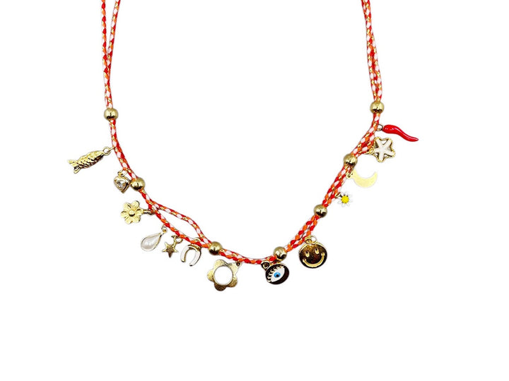 Red and White Multiple Charm Necklace