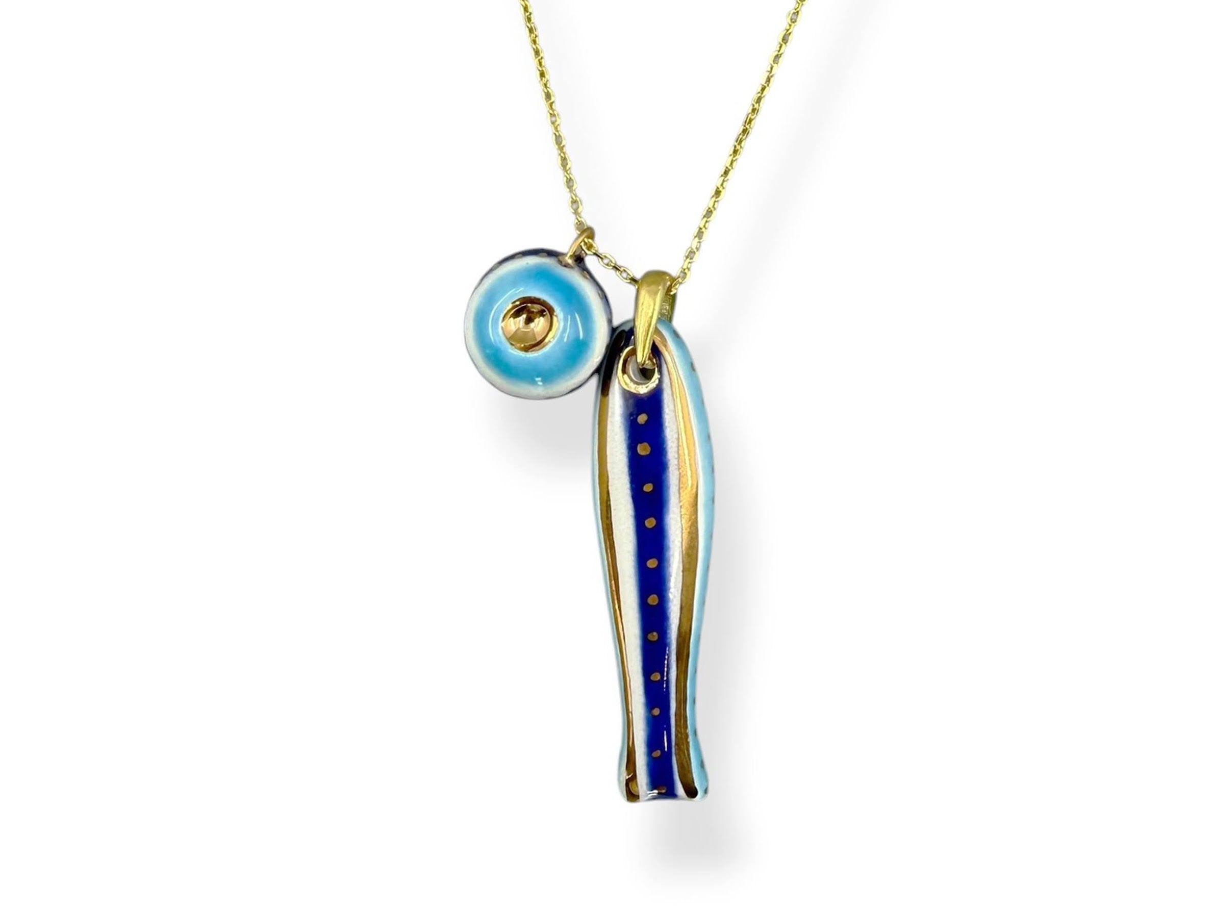 Porcelain Dark Striped Sardine Charm with Evil Eye Charm