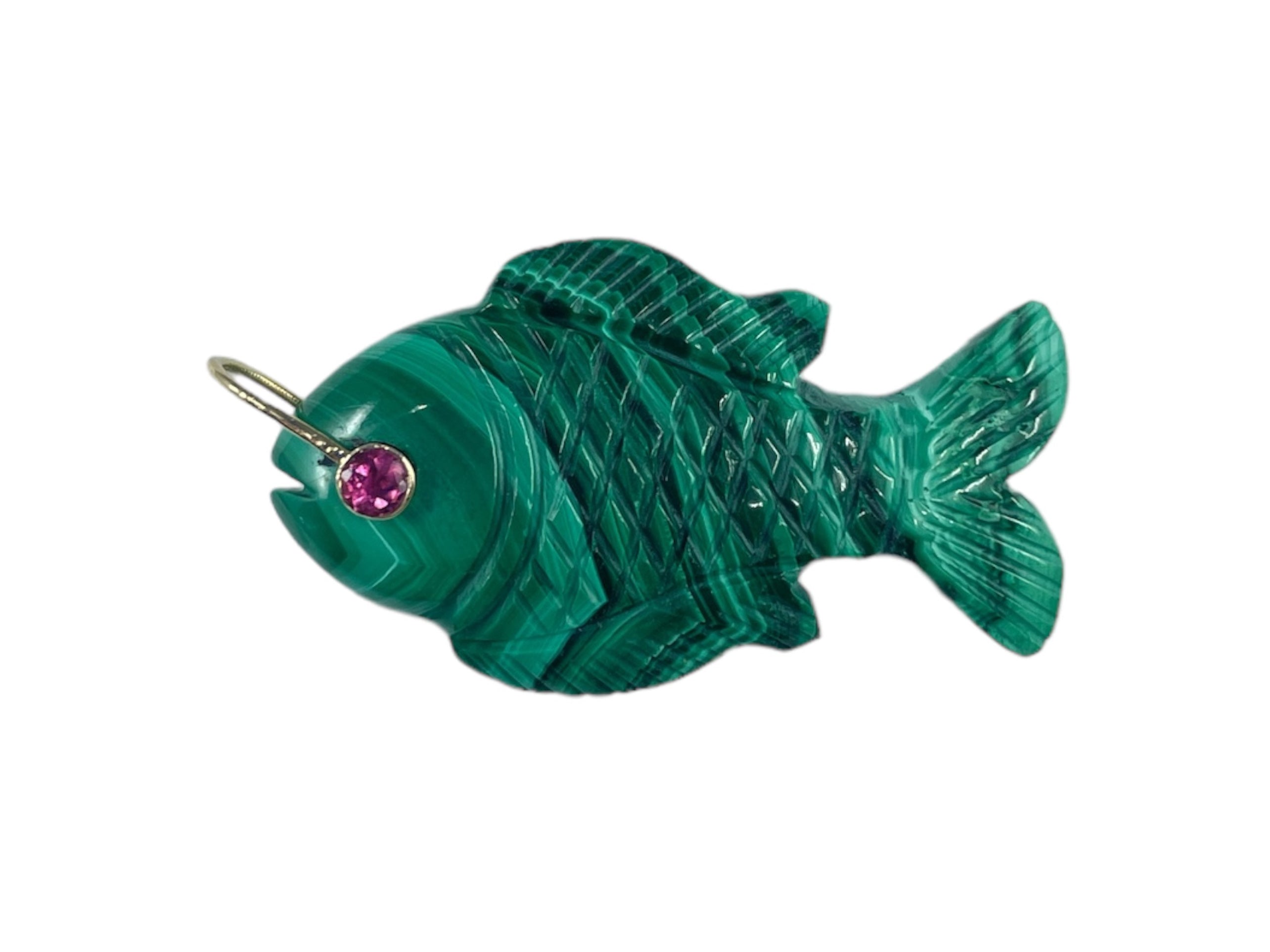 14k Handcrafted Malachite Fish Charm with Pink Tourmaline Eye