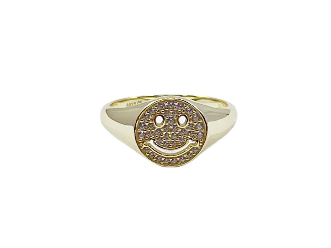 Gold Smiley Face Ring with CZs