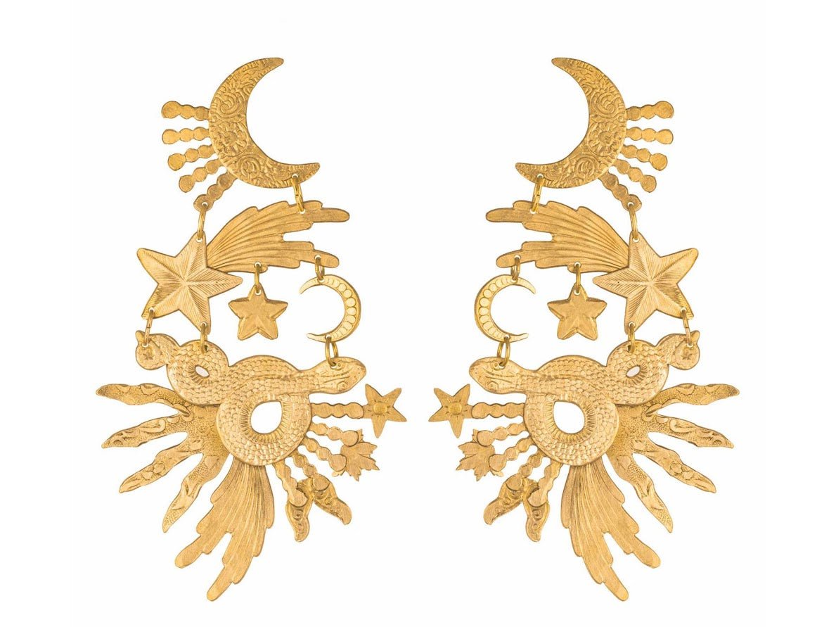 Brass Drop Earrings with Serpents, Moons, and Stars