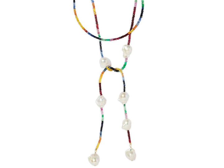 Ruby, Emerald, and Sapphire Lariat with Baroque Pearls