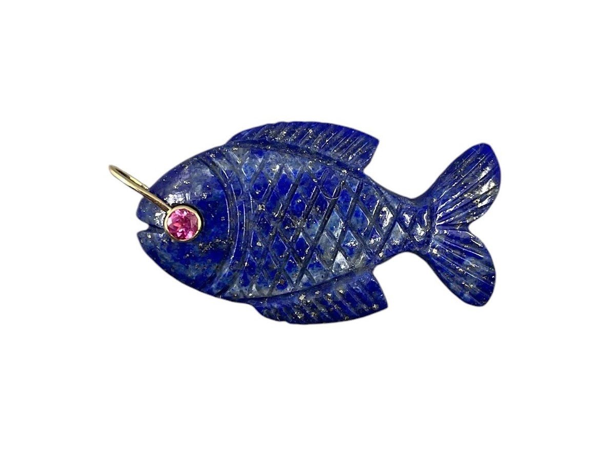 14k Handcrafted Lapis Fish Charm with Tourmaline Eye